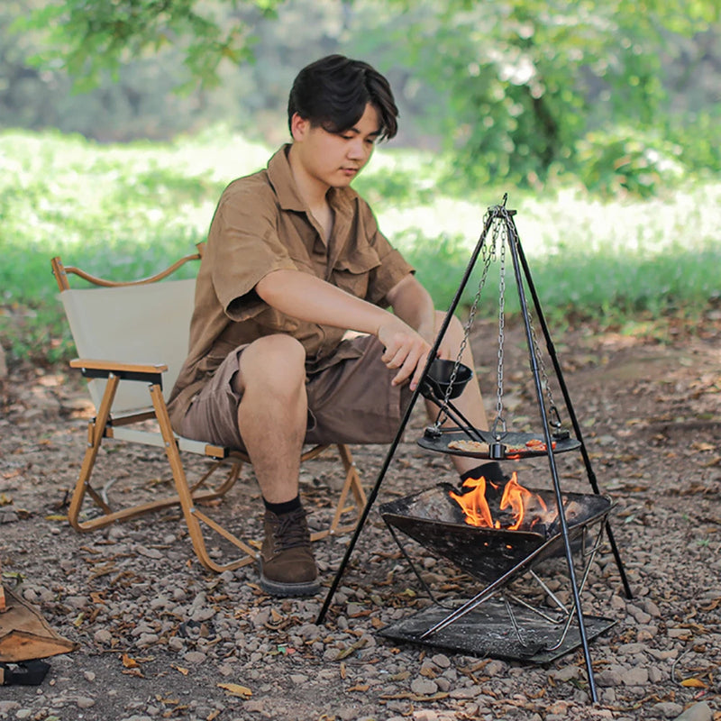 Outdoor BBQ Triangular Bracket Multifunctional Detachable Grill Pot Rack Portable Adjustable with Chain Outdoor Camping Supplies